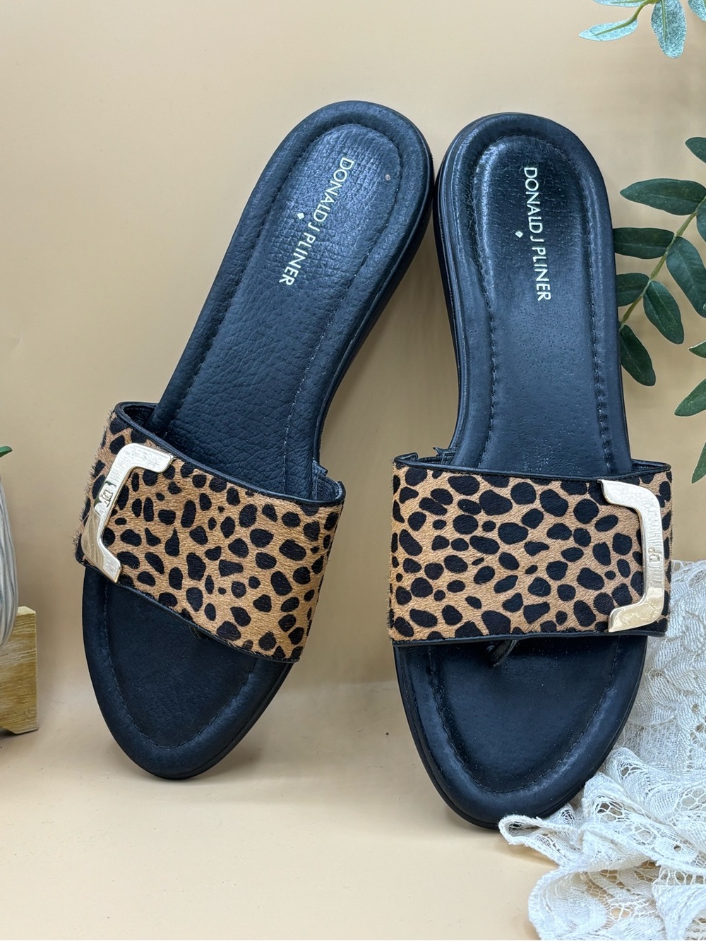 Donald J. Pliner Black Slide Sandals with Leopard Print Strap